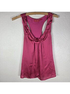 Elle Satin Raceback Tank Top Fucsia Pink Gathered Neckline Size S Sleeveless